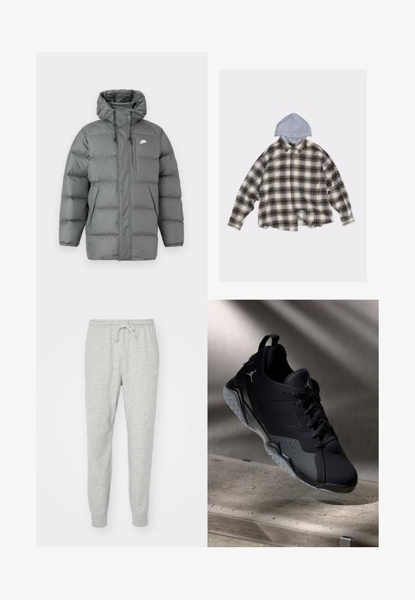 Chaqueta acolchada gris con capucha, cierre de cremallera y cordones ajustables. Cuenta con grandes secciones acolchadas y un bolsillo lateral con logotipo.; Camisa de franela en cuadros beige y marrón con capucha gris. Presenta un diseño oversize, tachuelas metálicas en el cuello y cierres de botones.; Pantalones de chándal grises hechos de material suave, con cintura elástica, cierre de cordón y puños acanalados. Presenta un pequeño logo en el costado.; Zapatilla deportiva negra con parte superior de malla y sintético, que presenta un diseño texturizado, suela de goma y logo de Jordan en el lateral.
