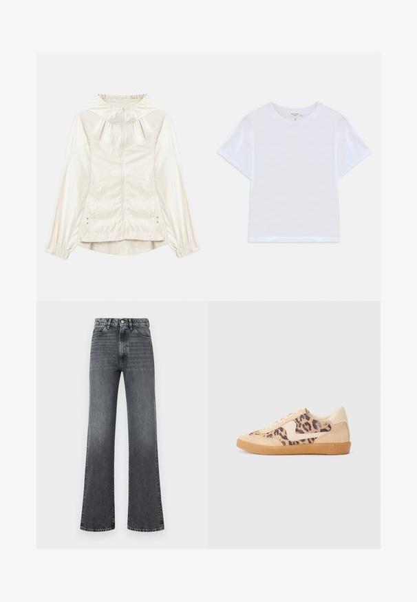 Lichte, crèmekleurige jas met een capuchon, frontale rits, elastische manchetten en zijzakken. Glad textuur met subtiele glans.; Witte cropped t-shirt van zacht katoen, met een ronde hals en korte mouwen in een iets ontspannen pasvorm. Geen patronen of accenten.; Grijze denim flared jeans met een hoge taille, vijf zakken, knoopsluiting en subtiele textuurverloop van boven naar beneden.; Luipaardprint sneakers met een beige suède bovenkant, tan rubberen zool en witte accenten. Ronde neus en vetersluiting met een gestructureerde afwerking.