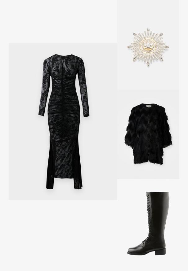 Sort jakke med et struktureret, lagdelt design og frynsede stof. Åben front, korte ærmer og rund halsudskæring.; Langærmet sort kjole med en tætsiddende silhuet, draperet stof og blomstret lace-overlay. Har en slids i bunden for ekstra detalje.; Sorte læder støvler til knæhøjde med snørebånd foran, rund tå og blokhæl, med en glat overflade og ingen synlige mønstre.; Sølvbroche med et solstråle-design, prydet med klare rhinsten og en guldaccentueret cirkelformet midte med et emblem.