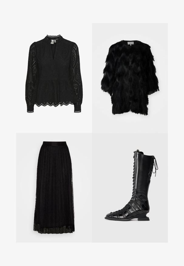 Veste noire avec un design texturé et superposé, fabriquée en tissu effilé. Ouverture frontale, manches courtes et col rond.; Blouse noire avec un col montant, des manches longues et des motifs découpés complexes, avec un ourlet peplum et des bords festonnés.; Jupe maxi noire en dentelle avec un motif texturé, dotée d'une taille lisse et d'un design superposé et fluide.; Botte noire jusqu'au genou avec un laçage sur le devant, fabriquée en cuir lisse et texturé, dotée d'un talon sculpté et d'un design de panneaux géométriques.