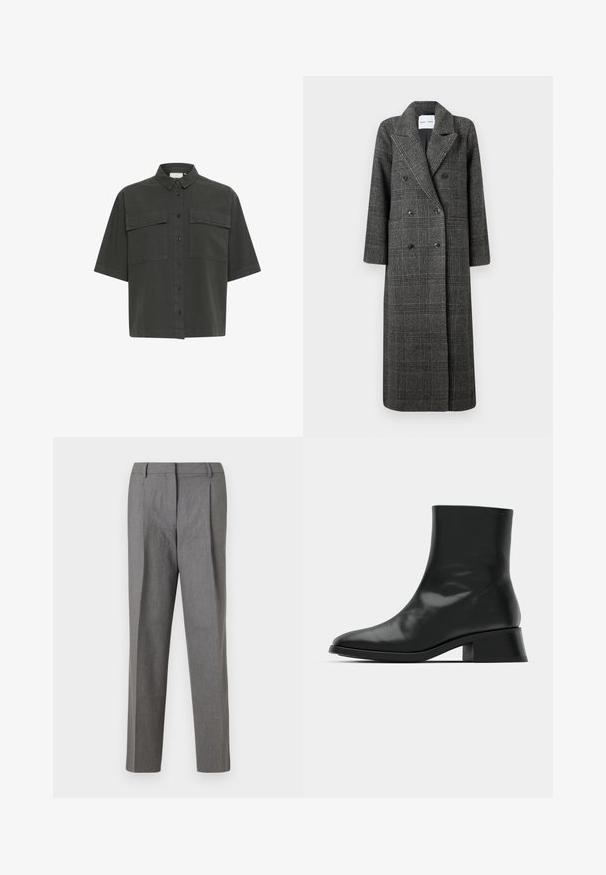 Manteau à carreaux gris long en tissu texturé. Présente un devant à double boutonnage avec des boutons noirs et des revers crantés. Poches plates incluses.; Chemise à manches courtes de couleur vert foncé avec un devant à boutons, deux poches poitrine et un col classique. Fabriquée en tissu léger avec une texture lisse.; Pantalons grijs ajustés avec un tissu texturé, présentant un design à jambes droites, des plis à l'avant et une taille sans matériel visible.; Bottine noire en cuir brillant, au design épuré, avec un bout pointu et un petit talon bloc pour plus de stabilité.
