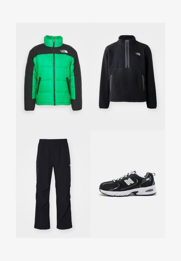 The North Face INSULATED JACKET - Vinterjakker - optic emerald; Sort fleece halv-zip pullover med høj krave, der har en brystlomme og to sidelommer. Designet inkluderer en kontrastfarvet lynlåsdetalje.; Sorte cargo bukser lavet af let materiale, med elastisk talje, sidelommer og lige ben design.; Sorte og grå sportssko med mesh og ruskind på overdelen, der har en hvid mellemsål, snørebånd og et iøjnefaldende "N" logo på siden.