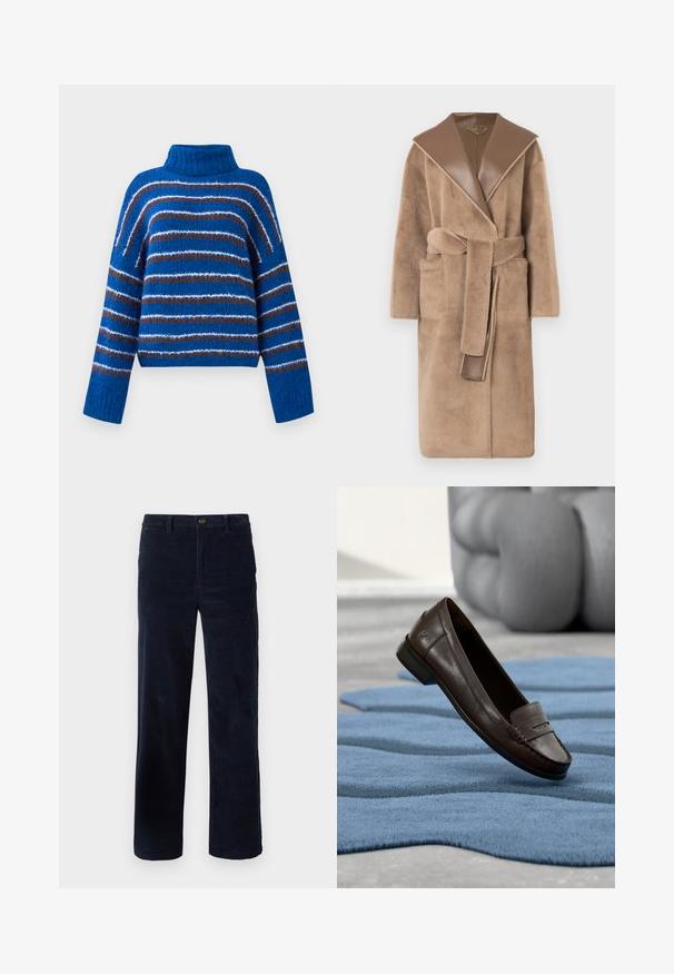 Beige, plyds morgenkåbe med en bred, brun læderkrave og et matchende bælte. Har sidelommer og en blød, tekstureret overflade.; Blå turtleneck sweater med horisontale brune, hvide og lyseblå striber, lange ærmer og ribbede mansjetter.; Mørkeblå kordfløjspants med lige ben, der har knaplukning og tekstureret stof. Ingen synlige mønstre eller detaljer.; Mørkebrune sko i læder med flade hæle, hvilende på en bølget blå tekstureret tæppe, med en blød grå sofa sløret i baggrunden.