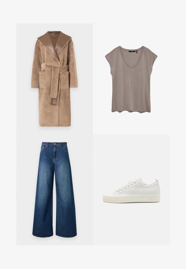 Beige, pluche badjas met een brede, leren schouderkraag in bruin en een bijpassende riem. Beschikt over zijzakken en een zachte, gestructureerde afwerking.; Taupe dames top met korte mouwen, V-hals en een losse pasvorm, plat uitgestald op een witte achtergrond.; Donkerblauwe denim jeans met hoge taille, brede pijpen, vijf zakken, riemlussen en een koperen knoopsluiting.; Witte canvas sneakers met een gestructureerde bovenkant, ronde neuskap, platte zool en vetersluiting. Voorzien van een iets rafelig kraag en een trekhaak.