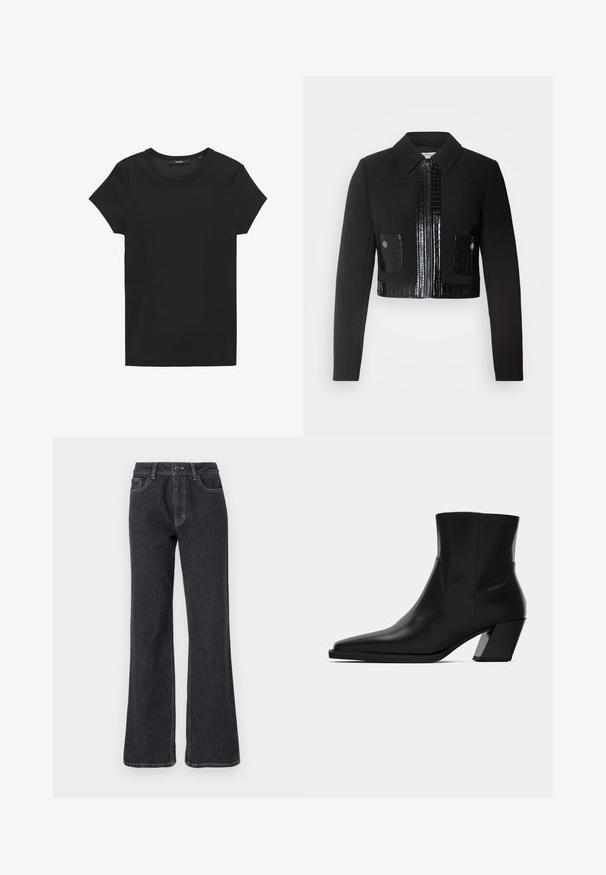Morgan VARIN - Lichte jas - noir; Zwarte t-shirt met korte mouwen van ribstof. Heeft een ronde halslijn en een eenvoudige, rechte snit. Minimalistisch ontwerp zonder versieringen.; Donkerdenim flare jeans met een hoge taille, voorzien van gouden stiksels, vijf zakken en een knoopsluiting. Gladde textuur, recht gesneden ontwerp.; Zwarte leren enkelboot met een spitse neus, een slanke silhoeet en een chunky vierkante hak. Gladde textuur met minimale stikdetails.