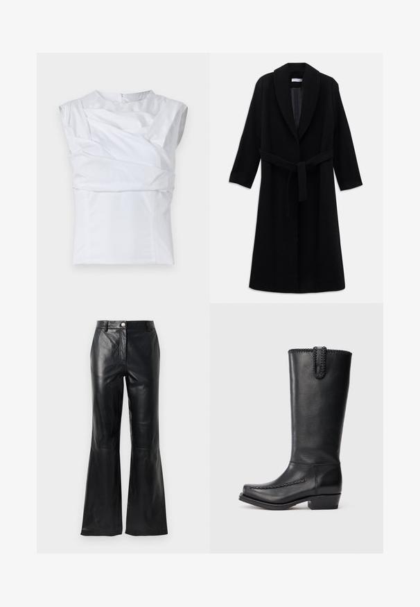 Long manteau en laine noir avec col châle et ceinture nouée à la taille, présenté à plat sur fond blanc.; Haut sans manches blanc avec un design structuré, présentant des détails en tissu drapé et une fermeture éclair dissimulée au dos. Texture douce.; Pantalons en faux cuir noir avec taille haute, fermeture à boutons, passants de ceinture et jambes évasées sur fond blanc.; Bottes en cuir noires mi-mollet avec une bordure tressée le long du bord supérieur et de la couture avant, dotées d'un petit talon épais et d'un bout carré arrondi.