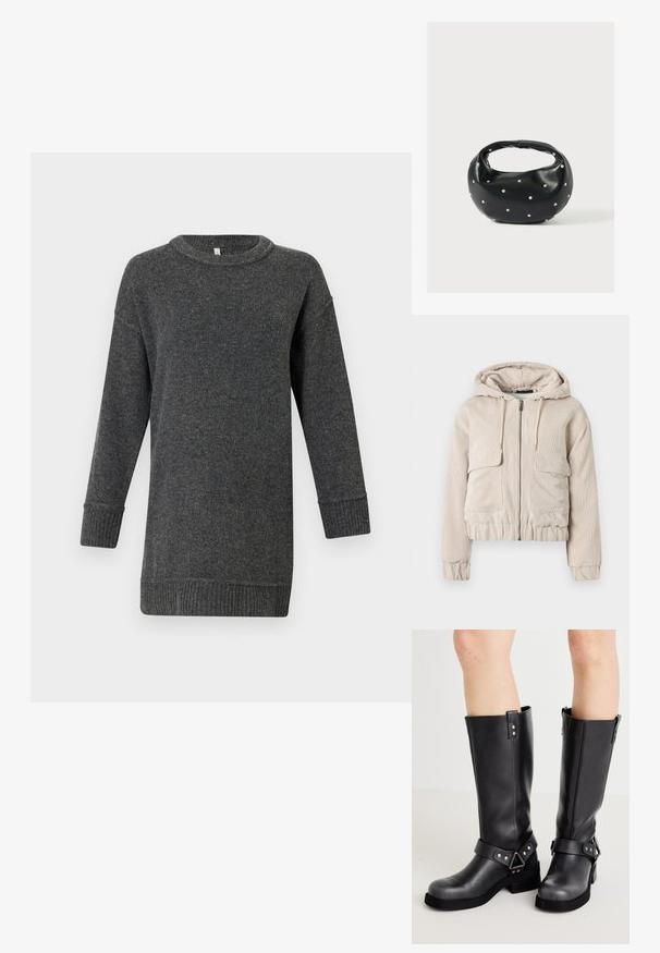 Veste courte en velours côtelé beige avec capuche, fermeture éclair devant et deux poches frontales ; tissu texturé, poignets et ourlet élastiqués.; Pull en laine à manches longues gris foncé, avec des poignets et un ourlet côtelés, un col rond et une coupe décontractée.; Bottes en cuir noir à hauteur de genou avec une tige large, des détails à lanière, une quincaillerie en argent et une semelle plate. Texture lisse avec un léger éclat.; Sac à main en cuir noir de forme arrondie, décoré de clous argentés et équipé d'une poignée courte. Texture lisse et fermeture éclair.