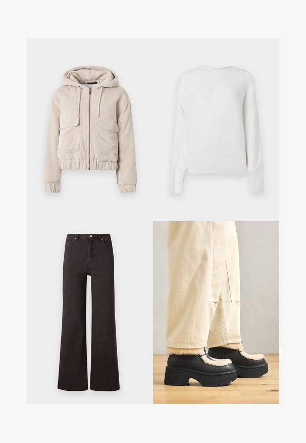 Krukket beige kordfløjlsjakke med hætte, lynlås foran og to forlommer; tekstureret stof samt elastiske manchetter og kant.; Hvid, fnulleret sweater lavet af blødt materiale. Har rund hals, lange ærmer og ribbede manchetter og kant. Enkel, struktureret design.; Sorte bredbenede jeans lavet af denim med høj talje, der har fem lommer og knaplukning. Glat tekstur, minimalisk design.; Sorte platformstøvler med en rund tå, der har en fluffy cremefarvet krave og snøre detaljer, parret med løse beige bukser på et trægulv.