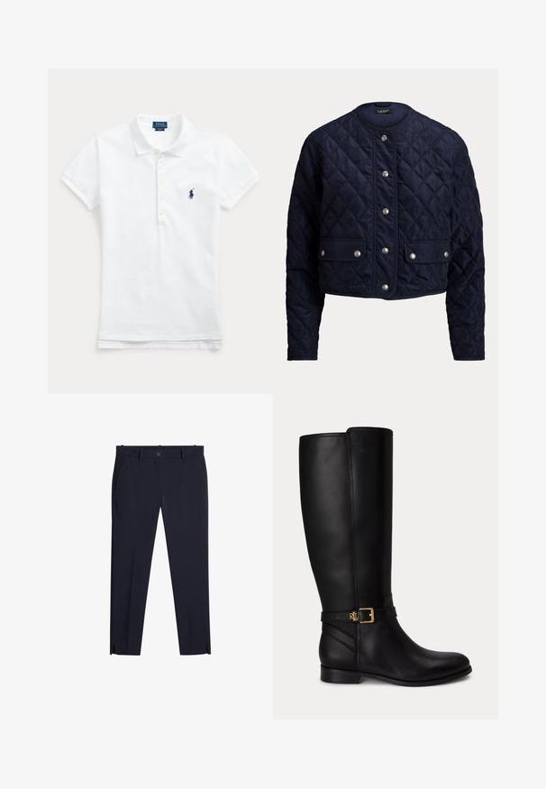 Veste matelassée bleu marine avec encolure ronde, manches longues, boutons-pression sur le devant et deux poches avant à rabat avec boutons argentés.; Polo blanc manches courtes avec col, patte de boutonnage et logo bleu brodé sur la poitrine gauche.; Pantalons slim-fit bleu marine foncé pour hommes avec passants de ceinture, poches avant, fermeture à glissière et petites fentes sur le devant des jambes à l'ourlet.; Botte noire en cuir montante jusqu'au genou avec talon bas, boucle dorée et petit logo embossé sur la sangle latérale.
