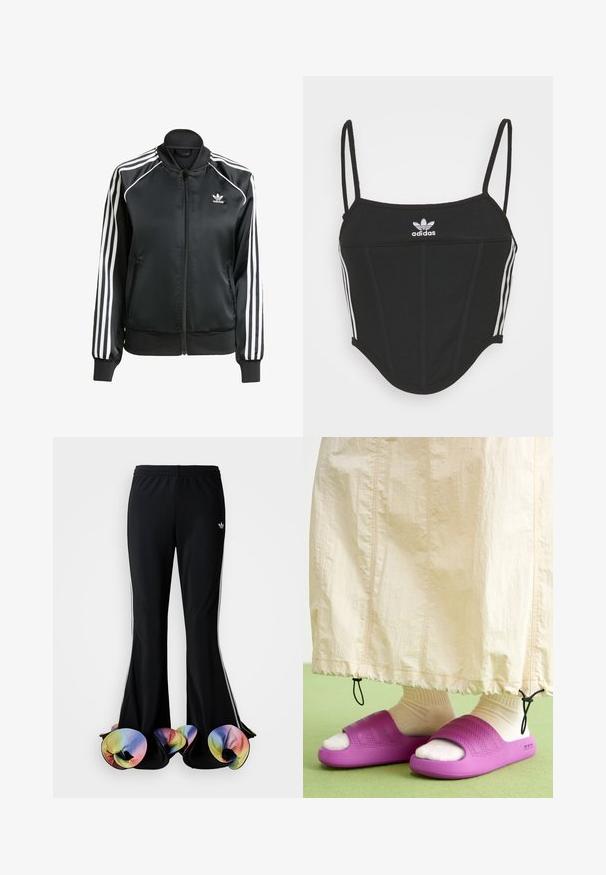 Schwarze Satin-Bomberjacke mit weißen Streifen an den Ärmeln, Reißverschluss, gerippter Kragen und Bündchen sowie einem kleinen Logo auf der Brust.; Schwarzes, geripptes Crop Top mit verstellbaren dünnen Trägern, das drei weiße Streifen an den Seiten und ein kleines weißes Adidas-Logo in der Mitte aufweist.; Schwarze Sporthosen mit weit ausgestelltem Design. Sie haben farbenfrohe, gerüschte untere Säume und weiße Seitenstreifen. Hergestellt aus dehnbarem Stoff.; Lila Gummischlappen mit einem strukturierten Bandsdesign, getragen über cremefarbigen Socken, kombiniert mit einem hellbeigen Rock. Grüner Boden.