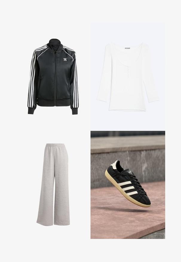 Chaqueta bomber de satén negro con rayas blancas en las mangas, cierre de cremallera, cuello y puños acanalados, y un pequeño logo en el pecho.; Camiseta blanca de manga larga con escote redondeado y una corta solapa de botones en el pecho, mostrada sobre un fondo liso y claro.; Pantalones de chándal gris claro con un corte holgado, cinturilla elástica y textura suave. Presenta un sutil logo en un lado. Diseño casual.; Zapatilla negra Adidas con rayas blancas y suela beige, capturada en el aire sobre una superficie de piedra y con fondo de muro de piedra.