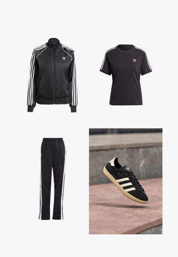 Sort satin bomberjakke med hvide striber på ærmerne, lynlåslukning, ribbet krave og manchetter, samt et lille logo på brystet.; Sort bomulds t-shirt med korte ærmer og rund hals, der har hvide striber på skuldrene og et lille hvidt Adidas-logo på brystet.; Sorte træningsbukser med hvide sidelister, elastisk talje og et logo-patch. Fremstillet af glat, letvægtsstof. Lige ben design.; Sort Adidas sneaker med hvide striber og beige sål, fanget i luften over en stenet overflade og baggrund af en stenmur.
