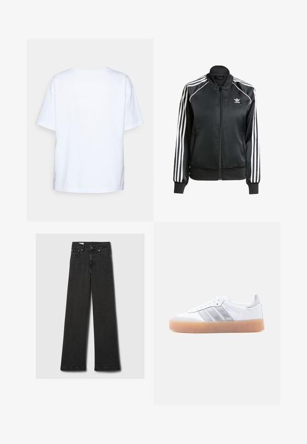 Sort satin bomberjakke med hvide striber på ærmerne, lynlåslukning, ribbet krave og manchetter, samt et lille logo på brystet.; Enkelt hvid kortærmet bomulds t-shirt vist bagfra mod en lys grå baggrund.; Sorte højtaljede jeans med lige ben og fem lommer samt kobbernitter, lagt fladt ud på en lys grå baggrund.; Hvid lavtop-sneaker med gum-gummisål, sølvstribede sideaccents og snørelukning, vist mod en ensfarvet lys baggrund.