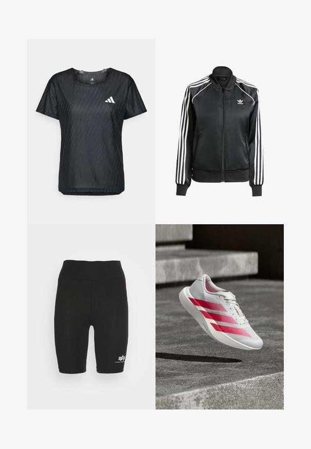 Zwarte satijnen bomberjack met witte strepen op de mouwen, ritssluiting, geribde kraag en manchetten, en een klein logo op de borst.; Zwart sportshirt met ronde hals, korte mouwen en een textielstructuur met een subtiel patroon. Voorzien van een wit logo op de voorkant.; Zwarte fietsshorts gemaakt van rekbare stof. Heeft een hoge taille en een wit logo op het linkeronderbeen. Soepele textuur.; Witte hardloopschoen met drie dikke rode strepen, in de lucht boven betonnen trappen, die het lichte ontwerp en de gestructureerde zool benadrukt.