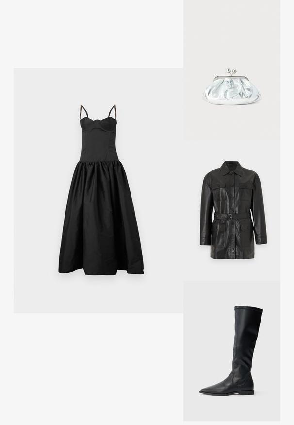 Zwarte leren jas met lange mouwen, knoopsluiting, vier klepzakken met knopen en een bijpassende riem in de taille.; Zwart jurk met een getailleerde lijfje en een uitlopende, geraffineerde rok. Heeft dunne bandjes met kraalaccenten. Soepele textuur en een ingetogen ontwerp.; Zwarte kniehoge laarzen van glad leer met een puntige neus en een lage blokhak. Het ontwerp heeft een slank silhouet en minimale details.; Kleine zilverkleurige metalen clutch met een afgerond, geplooid ontwerp en een sluiting met twee zilveren bollen.