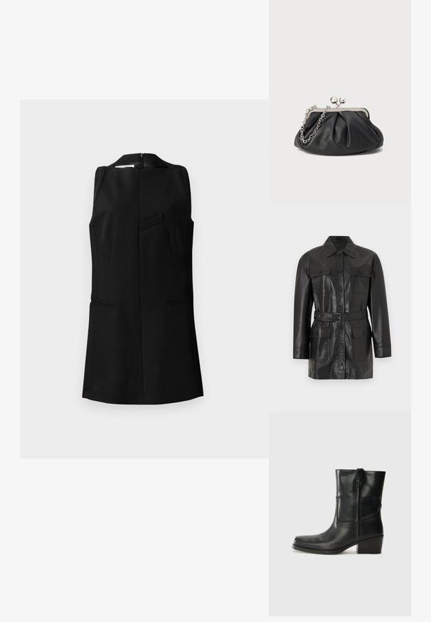Sort læderjakke med lange ærmer, lynlås med knapper, fire knaplukkelommer med klap og et matchende bælte i taljen.; Sort ærmeløs top med høj hals, struktureret design, detalje med frontlomme og skjult baglynlås, fremstillet af et tekstureret stof.; Sort læder ankelstøvle med rundt tå, blokhæl, lynlås i siden og stikninger på vampsiden. Glat tekstur, klassisk design.; Sort læder clutch med samlet tekstur, sølvfarvet metalramme, kys-lås lukning og kædestrop. Glat, blød overflade.
