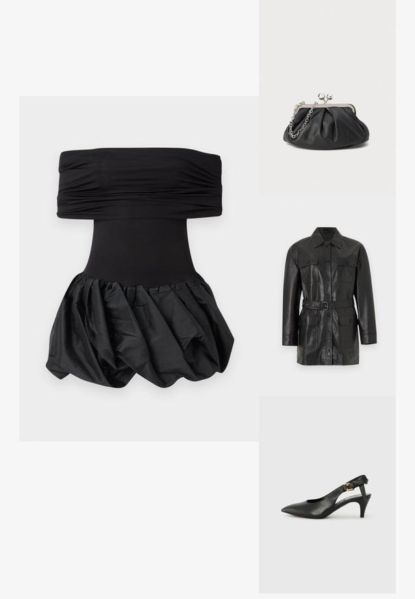 Sort læderjakke med lange ærmer, lynlås med knapper, fire knaplukkelommer med klap og et matchende bælte i taljen.; Sort strapless kjole med en ruched krop og en volumøs, struktureret nederdel. Nederdelen har et samlet design for ekstra dimension.; Sorte læderslingback pumps med spids tå, lille hæl og en spænde detalje på ankelremmen. Glat tekstur, minimalistisk design.; Sort læder clutch med samlet tekstur, sølvfarvet metalramme, kys-lås lukning og kædestrop. Glat, blød overflade.