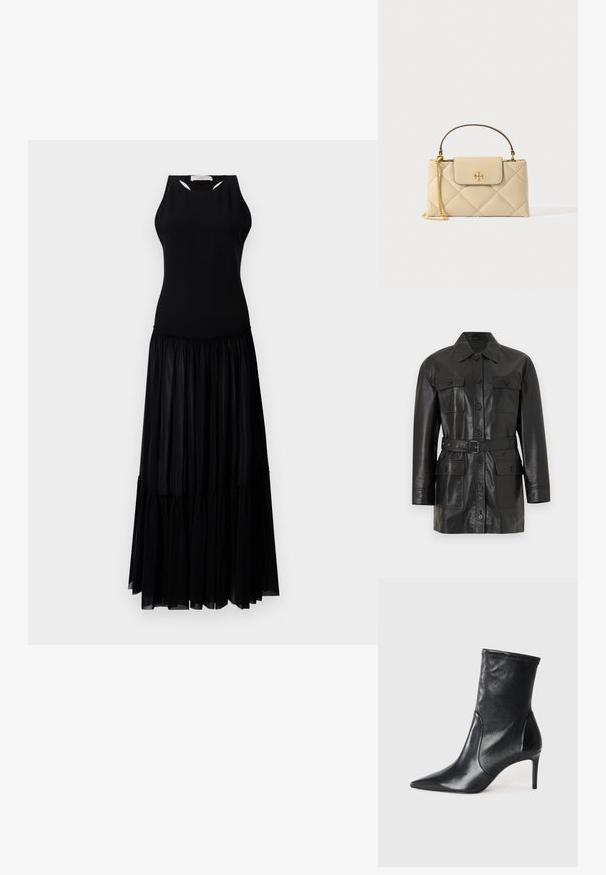 Must nahast pikkade varrukatega jakk nööpidega sulgemisega, neli nööpidega kaetud taskut ja vöökohal sobiv rihm.; Mustmustel dress, millelise ülaosaga, millel on lõikeavad ja tiered seelik, mis on valmistatud kergest ja voolavast kangast.; Mustad mustajalatsid, mis on valmistatud siledast nahast, omavad teravat nina, kitsast varre ja peenikest kõrget kontsa. Minimalistlik disain, ilma nähtava riistvaraeta.; Beežilt õmmeldud nahast käekott koos ülemise käepidemega, kuldse ahela rihmaga ja kuldse logo embleemiga esiküljel, mis sulgub klapiga.