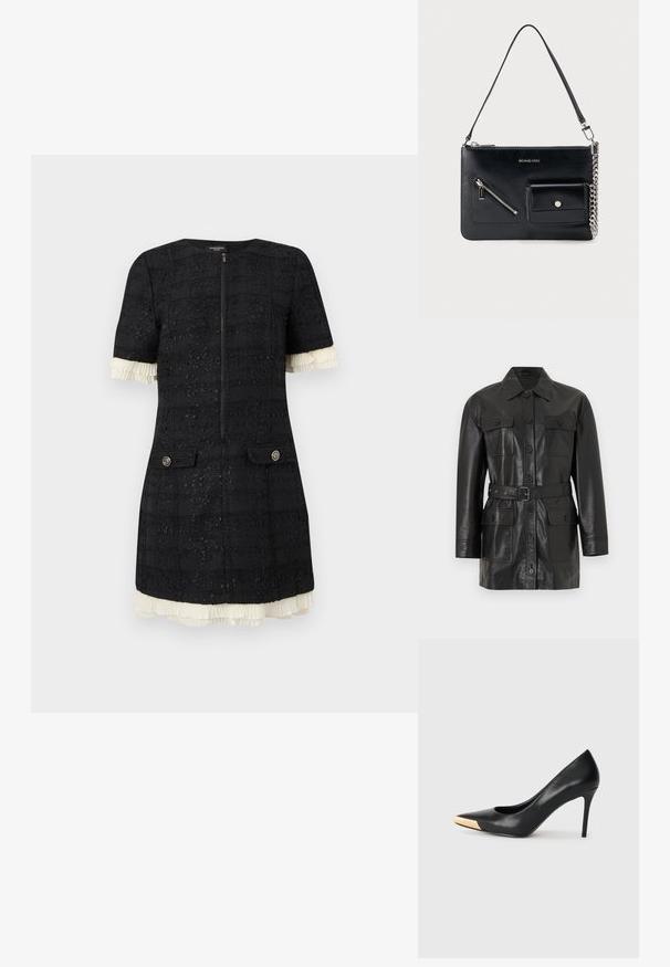 Veste longue en cuir noir à manches longues avec fermeture à boutons, quatre poches à rabat boutonnées et une ceinture assortie à la taille.; Robe courte texturée noire à manches courtes avec fermeture éclair sur le devant, poches à rabat boutonnées, et bordure plissée blanche à volants sur les manches et l'ourlet.; Pompe à talon haut en cuir noir avec bout pointu ; présente une accentuation métallique dorée sur le capuchon. Surface lisse avec un design épuré.; Sac à bandoulière en cuir noir Michael Kors avec fermeture éclair supérieure, poche avant zippée en diagonale, poche à rabat avec bouton-pression et détail en chaîne argentée.