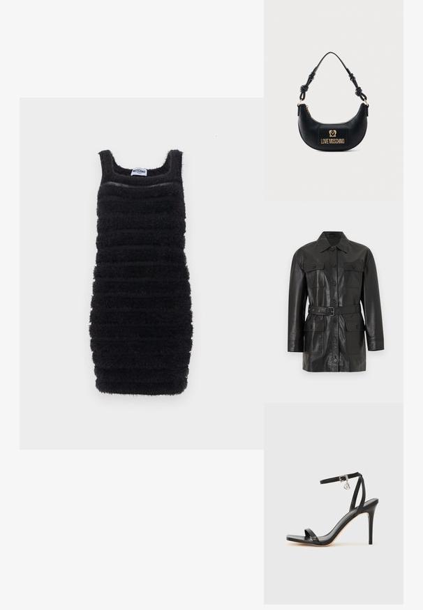 Veste longue en cuir noir à manches longues avec fermeture à boutons, quatre poches à rabat boutonnées et une ceinture assortie à la taille.; Robe noire cintrée sans manches avec des rayures horizontales texturées et duveteuses et un décolleté carré, étiquetée Moschino.; Sandale à talon haut noire avec une bride étroite à la cheville, bout carré, cuir lisse et accent de boucle métallique.; Sac à main noir demi-lune avec poignée nouée et plaque logo dorée "Love Moschino" sur le devant, fermeture éclair en haut.