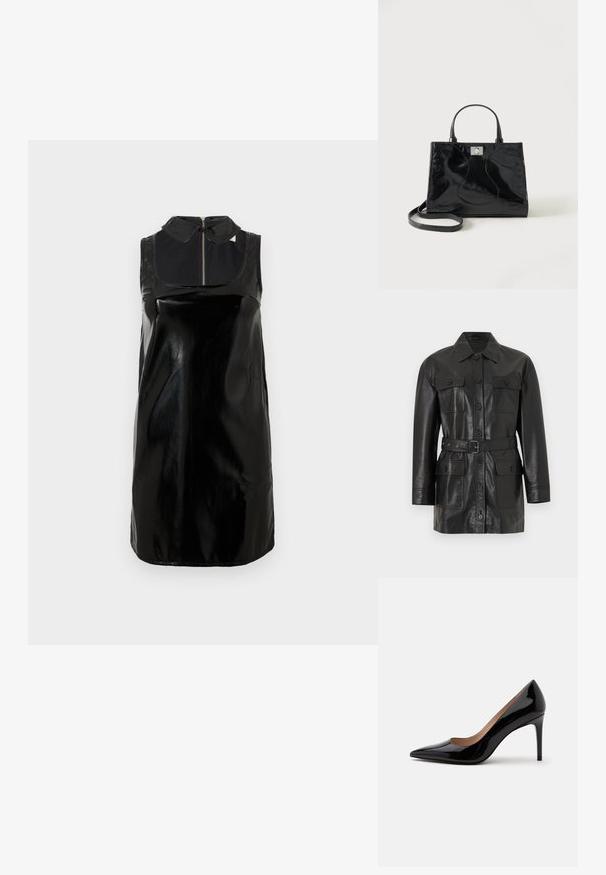 Chaqueta larga de cuero negro con cierre de botones, cuatro bolsillos con solapa abotonados y un cinturón a juego en la cintura.; Vestido sin mangas de cuero sintético negro con cuello alto y cremallera frontal, que presenta una textura brillante y una silueta ajustada y recta.; Zapato de charol negro de tacón alto con punta afilada y tacón de aguja, mostrado de perfil sobre un fondo blanco liso.; Bolso de mano negro de piel patentada con asas redondeadas, una correa de hombro desmontable y cierre de broche plateado sobre un fondo blanco liso.