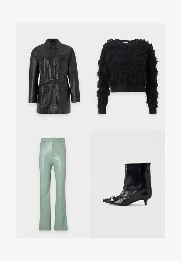 Chaqueta larga de cuero negro con cierre de botones, cuatro bolsillos con solapa abotonados y un cinturón a juego en la cintura.; Jersey negro corto con una superficie texturizada y esponjosa. Manga larga y escote redondo, con patrones irregulares a lo largo de la tela.; Pantalones acampanados de color verde menta hechos de material brillante, con cintura alta, bolsillos frontales y acentos de botones plateados.; Bota de cuero negro para el tobillo con punta puntiaguda, tacón bajo tipo aguja y hebilla decorativa plateada en el lateral cerca de la punta.