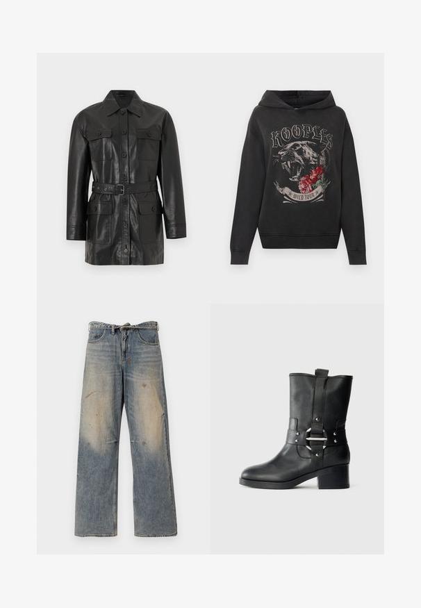 Zwarte leren jas met lange mouwen, knoopsluiting, vier klepzakken met knopen en een bijpassende riem in de taille.; Zwarte hooded sweatshirt met grafiek van een brullende panter, rode rozen en de tekst "KOOPLES WILD TOUR" op de voorkant.; Lichtblauwe denim jeans met een losse, recht gesneden pasvorm. Voorzien van slijtageplekken, vervaging en distressed details bij de knieën. Klassiek five-pocket ontwerp.; Zwarte leren enkelboot met een gestructureerde afwerking, brede bovenrand, een band met een metalen gesp en een stevige hak.