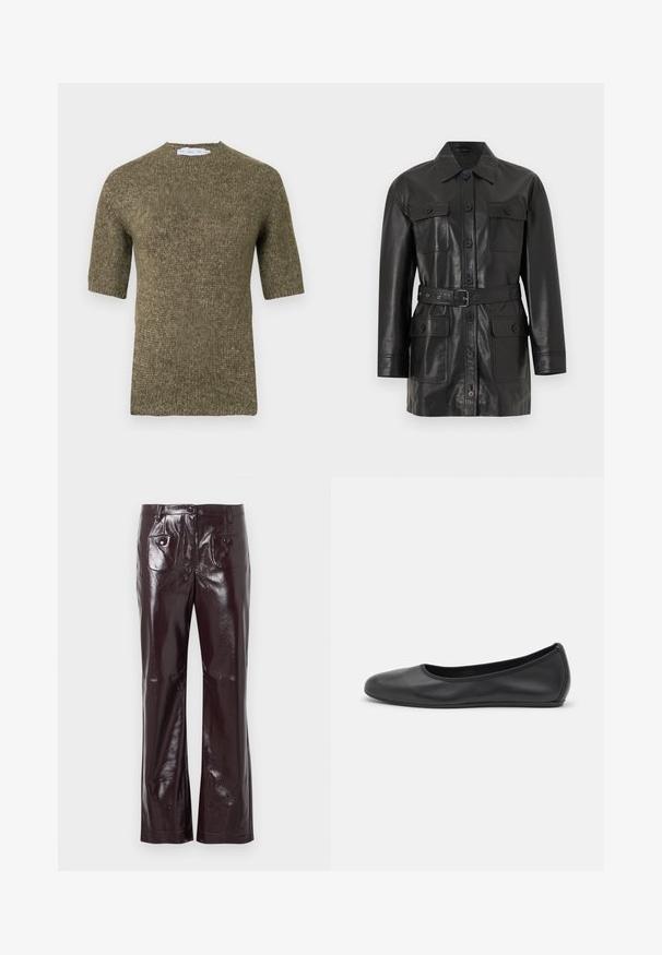 Veste longue en cuir noir à manches longues avec fermeture à boutons, quatre poches à rabat boutonnées et une ceinture assortie à la taille.; Pull en tricot à manches courtes, vert olive, avec un motif texturé et un col arrondi, présentant des détails côtelés sur les manches et l'ourlet.; Pantalon taille haute en simili cuir bordeaux à finition brillante, avec deux poches avant et une coupe droite.; Ballerines en cuir noir avec un bout rond, texture lisse, détails de couture minimalistes et design de semelle flexible.