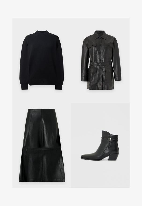 Veste longue en cuir noir à manches longues avec fermeture à boutons, quatre poches à rabat boutonnées et une ceinture assortie à la taille.; Pull-over en tricot noir avec un col rond côtelé, des épaules tombantes et des poignets et un ourlet côtelés. Design simple et de couleur unie.; Jupe en cuir noire longueur genou avec des coutures de panneaux verticales et horizontales, légèrement évasée au bas.; Bottines en cuir noir avec un bout pointu, un petit talon carré et une sangle décorative avec une boucle en argent. Texture lisse.