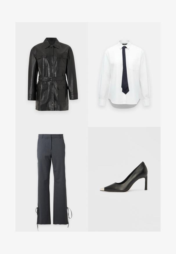 Veste longue en cuir noir à manches longues avec fermeture à boutons, quatre poches à rabat boutonnées et une ceinture assortie à la taille.; Chemise blanche à manches longues avec col et une poche poitrine gauche, associée à une cravate bleu marine foncé à motif à carreaux.; Pantalon sur mesure gris foncé avec jambes droites et liens aux ourlets, équipé de passants de ceinture et d'une fermeture avant dissimulée.; Chaussure à talon haut en cuir noir avec bout pointu et capuchon argenté métallique. Présente une finition lisse et un talon fin de 10 cm.