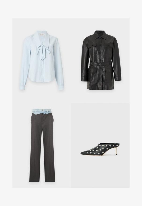Veste longue en cuir noir à manches longues avec fermeture à boutons, quatre poches à rabat boutonnées et une ceinture assortie à la taille.; Blouse à manches longues rayée bleu clair avec un grand col et un détail noué au niveau du cou ; confectionnée dans un tissu lisse avec une fermeture à boutons sur le devant.; Pantalon gris droit taille haute avec ceinture en denim bleu clair effilochée et fermeture par bouton.; STAND STUDIO KELSEY - Mules à talons - black