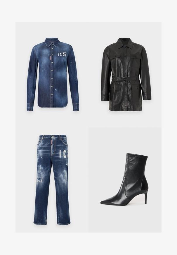 Veste longue en cuir noir à manches longues avec fermeture à boutons, quatre poches à rabat boutonnées et une ceinture assortie à la taille.; Chemise en denim bleu foncé, présentant un design à boutons, avec un effilochage préservé, des accents usés et un texte blanc "ICON" sur la poitrine.; Jeans en denim bleu foncé avec des patchs déchirés, des éclaboussures de peinture claires et de grandes lettres blanches. Conception à jambe droite avec une coupe classique.; Bottes noires à la cheville en cuir lisse, dotées d'un bout pointu, d'un tige ajustée et d'un talon haut fin. Design minimaliste sans quincaillerie visible.