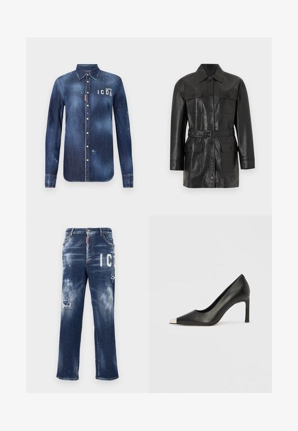Chaqueta larga de cuero negro con cierre de botones, cuatro bolsillos con solapa abotonados y un cinturón a juego en la cintura.; Camisa de denim en azul oscuro, con un diseño de botones, desgarros preservados, acentos desgastados y texto blanco "ICON" en el pecho.; Vaqueros de mezclilla azul oscuro con parches desgastados, manchas de pintura claras y letras blancas en negrita. Diseño de pierna recta con un ajuste clásico.; Zapato de tacón alto de cuero negro con punta en forma de pico y una tapa metálica plateada. Presenta un acabado suave y un tacón delgado de 10 cm.
