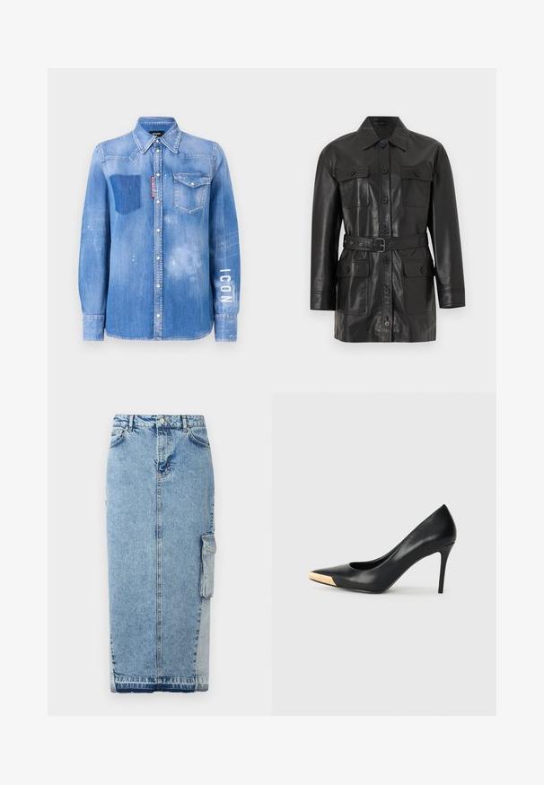 Sort læderjakke med lange ærmer, lynlås med knapper, fire knaplukkelommer med klap og et matchende bælte i taljen.; Lysblå denimskjorte med en falmet finish. Har en lomme på brystet, knapkrave og hvid tekst "ICON" på ærmet.; Lys blå denimnederdel med lige snit, frontknaplukning, sidelommer og et markant kontrasterende stofpanel.; Sort læder stiletter med spids tå; har et metalisk guldakcent på tåkapperne. Glat overflade med et strømlinet design.