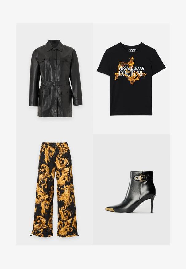 Must nahast pikkade varrukatega jakk nööpidega sulgemisega, neli nööpidega kaetud taskut ja vöökohal sobiv rihm.; Must musta T-särk, millel on valge tekst "VERSACE JEANS COUTURE" ja elegantne kuldne disain teksti ümber, lühikesed varrukad, ümar kaelus.; Mustad laias säärega püksid elastse vöökohaga, millel silmapaistev kuldkollane barokk-mustri keerutis ja reguleeritavad nöörid säärte otstes.; Mustast läikivast nahast pahkluu saabas, millel on terav nina, kontsasstiletokonts ja kuldse tooniga riistvara koos dekoratiivse pandla detailiga.