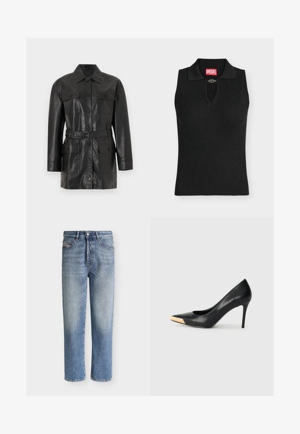 Veste longue en cuir noir à manches longues avec fermeture à boutons, quatre poches à rabat boutonnées et une ceinture assortie à la taille.; Haut noir sans manches en maille côtelée avec col et petite attache métallique au niveau de l'encolure, avec une étiquette rouge de la marque Diesel à l'intérieur du col.; Jean denim bleu délavé à jambes droites avec fermeture par bouton et zip, poches avant et poche monnaie, présenté sur un fond clair uni.; Pompe à talon haut en cuir noir avec bout pointu ; présente une accentuation métallique dorée sur le capuchon. Surface lisse avec un design épuré.