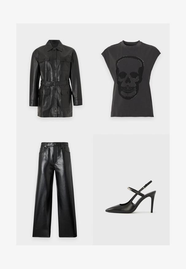 Veste longue en cuir noir à manches longues avec fermeture à boutons, quatre poches à rabat boutonnées et une ceinture assortie à la taille.; T-shirt noir à manches courtes avec un grand motif de crâne orné de clous argentés. Confectionné en tissu doux avec une coupe décontractée.; Pantalon large en fausse cuir noir à taille haute avec bouton frontal, fermeture éclair et poches à l'avant et à l'arrière sur fond gris clair.; Escarpins slingback en cuir noir avec bout pointu, design ajouré et bride ajustable ornée de ferrures métalliques.