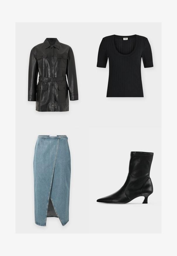 Veste longue en cuir noir à manches longues avec fermeture à boutons, quatre poches à rabat boutonnées et une ceinture assortie à la taille.; Top en maille noire côtelée à manches courtes, col rond et silhouette ajustée, avec une étiquette DRYKORN au niveau de l'encolure.; Jupe en denim bleu clair avec un design enveloppant, présentant des coutures visibles, une fente avant et une taille ajustée.; Botte mi-mollet en cuir noir avec bout pointu et petit talon kitten, vue de profil sur un fond clair uni.