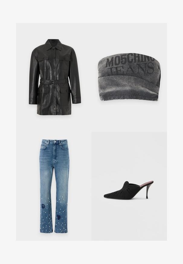 Must nahast pikkade varrukatega jakk nööpidega sulgemisega, neli nööpidega kaetud taskut ja vöökohal sobiv rihm.; Mustmustest mustband koos tekstuurne viimistlus ja trükitud "MO5CHING JEANS" paksus. Omab sujuvat kõverat disaini ja õmblustega ääri.; Sinine denim püksid kõrge vöökohtaga, sirge sääre lõikega, kaunistatud valgete pärlitega ning rahu ja südame sümbolitega alläärde lähedal.; Mustad kõrge kontsaga mule, millel on terav varvas, pehme kangas esiküljel kogutud tekstuuriga ja õhuke kontsas.
