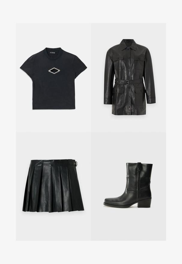 Sort læderjakke med lange ærmer, lynlås med knapper, fire knaplukkelommer med klap og et matchende bælte i taljen.; Sort kortærmet cropped t-shirt med rund halsudskæring og et sølvfarvet diamantformet udskæringsdesign i midten foran.; Sort plisseret mininederdel i imiteret læder med spænde i siden på ensfarvet baggrund.; Sort læder ankelstøvle med rundt tå, blokhæl, lynlås i siden og stikninger på vampsiden. Glat tekstur, klassisk design.