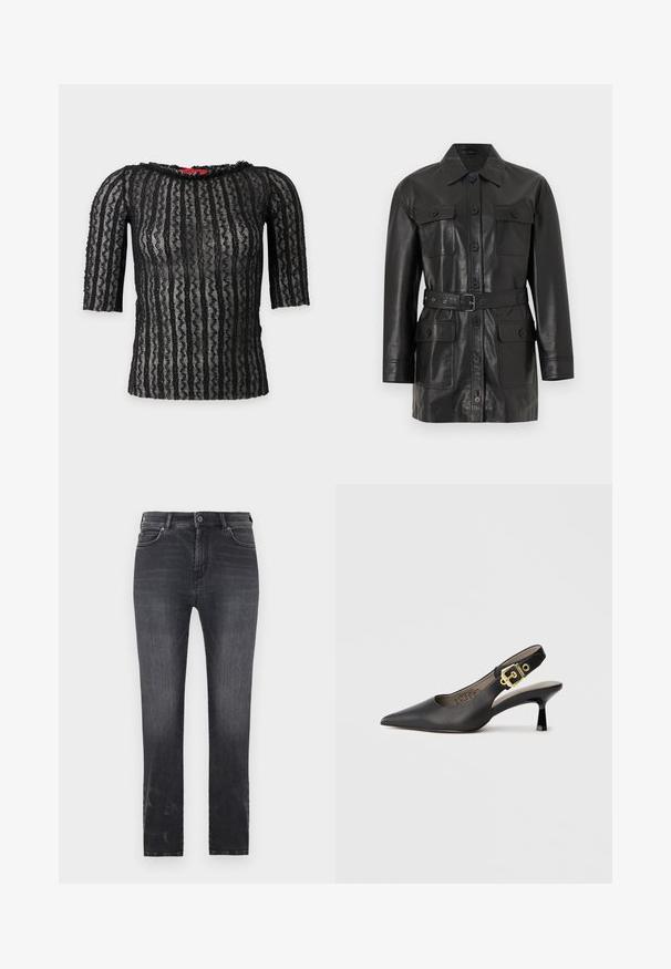 Veste longue en cuir noir à manches longues avec fermeture à boutons, quatre poches à rabat boutonnées et une ceinture assortie à la taille.; Haut court noir en dentelle avec motif de rayures ondulées verticales et encolure ronde, tissu semi-transparent sur fond uni clair.; Jean en denim gris foncé avec une coupe droite, doté d'une fermeture à bouton, de cinq poches et de détails légèrement délavés sur le tissu.; Chaussure à talon haut noire à bride arrière, avec un bout pointu, une texture en cuir lisse et une accent de boucle dorée sur la bride.