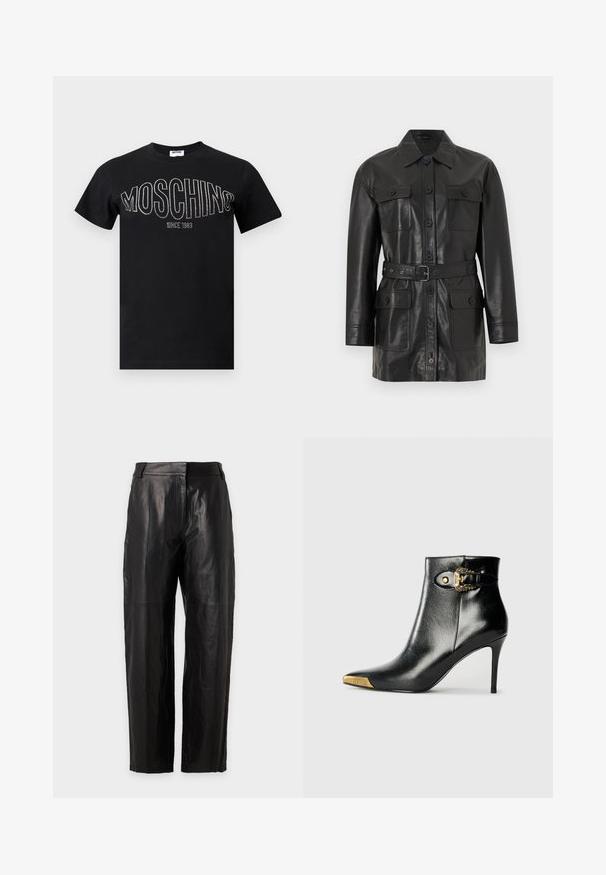Veste longue en cuir noir à manches longues avec fermeture à boutons, quatre poches à rabat boutonnées et une ceinture assortie à la taille.; T-shirt en coton noir avec un col rond et des manches courtes. "MOSCHINO" en strass sur la poitrine, avec "SINCE 1983" en dessous.; Pantalon en cuir noir taille haute à jambe droite avec passants de ceinture et détail de couture devant, présenté sur fond uni.; Bottine noire en cuir brillant, avec un bout pointu, un talon aiguille, et des accessoires dorés ornés d'une boucle décorative.