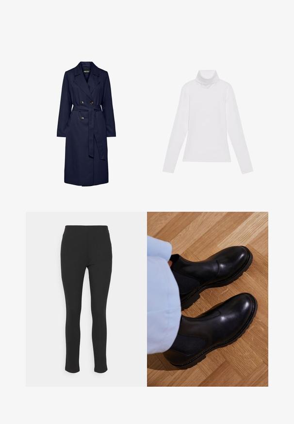 Abrigo largo tipo trench azul marino con solapas anchas, botones dobles y un cinturón de tela a juego anudado en la cintura.; Top blanco de manga larga y cuello alto, confeccionado en una tela suave y elástica. Presenta un diseño ajustado, sin patrones o adornos visibles.; Leggings negras hechos de un tejido elástico con una textura suave, que presentan un diseño de cintura alta y una forma de pierna delgada y ajustada. Sin costuras visibles.; Botas negras de tobillo hechas de cuero suave con paneles laterales elásticos, una suela de goma texturizada y costuras en contraste a lo largo del borde.