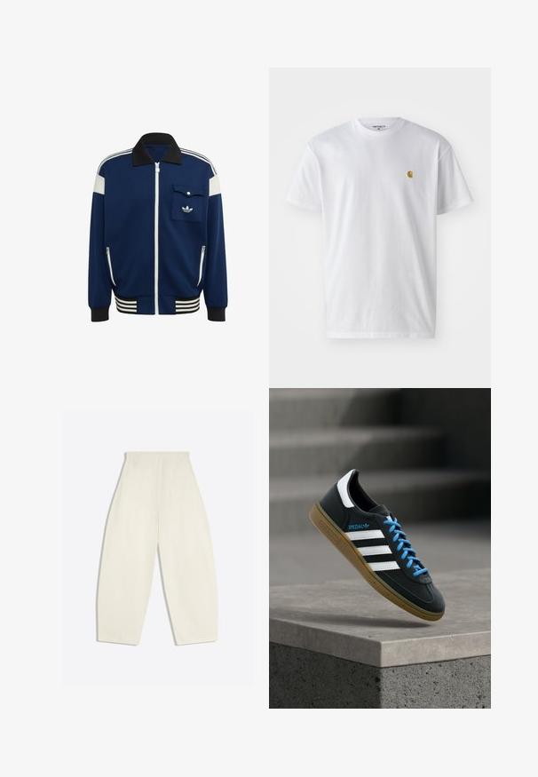 Laivastonsininen vetoketjullinen takki, musta kaulus, valkoiset raidat hartioissa ja hihansuissa, etutasku jossa Adidas-logo ja raidallinen vyötärönauha.; Valkoinen puuvillapaita lyhyillä hihoilla, pyöreä kaula-aukko, jossa on pieni kultainen logo vasemmassa rintapielessä. Pehmeä kangas ja normaali istuvuus.; Korkeavyötäröiset, leveälahkeiset kermaan vivahtavat housut, joissa takataskut ja vyölenkit, esitettynä suorassa asennossa vaalealla taustalla.; Musta Adidas-tennari valkoisilla raidoilla, sinisillä nauhoilla ja kumipohjalla kelluu pehmeässä valossa harmaan betonisen portaan yllä.