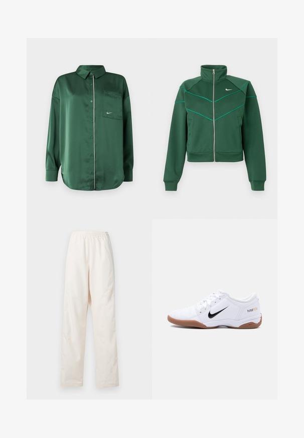 Mørkegrøn Nike zip-up jakke med høj krave, lange ærmer, sidelommer og lys teal pipingdetalje på brystet og skuldrene.; Grøn satinbluse med krave, brystlomme og hvide kantbånd langs knaplisten; har lange ærmer og en buet nederkant.; Løse, cremefarvede bukser med elastisk talje og lige ben, vist mod en ensfarvet hvid baggrund.; Hvid Nike Total 90 III indendørs fodboldstøvle med sort swoosh-logo og gummisål, vist fra siden på en ensfarvet baggrund.