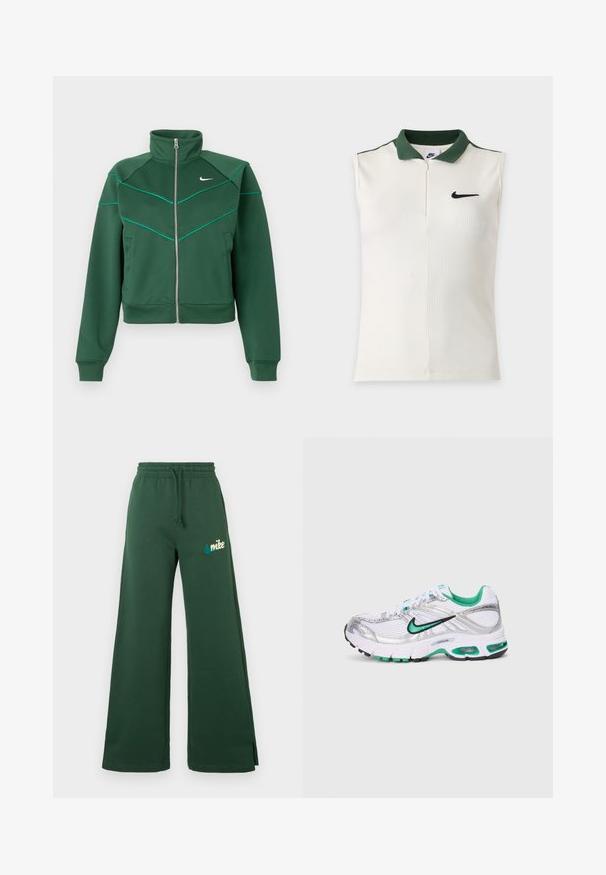 Tmavozelená Nike bunda na zips s vysokým golierom, dlhými rukávmi, bočnými vreckami a svetlo tyrkysovými detalmi na hrudi a ramenách.; Biely bezrukávnik Nike s rebrovanou textúrou, tmavozeleným golierom, polovičným zipsom a čiernym logom Nike na hrudi.; Tmavo zelené široké teplákové nohavice s elastickým pásom, šnúrkou, bočnými vreckami a vyšitým tyrkysovým logom Nike na ľavom stehne.; Biele, strieborné a zelené bežecké topánky Nike. Obsahujú sieťovinový a syntetický materiál, polstrovaný golier a odpruženú podrážku s viditeľnými vzduchovými jednotkami.