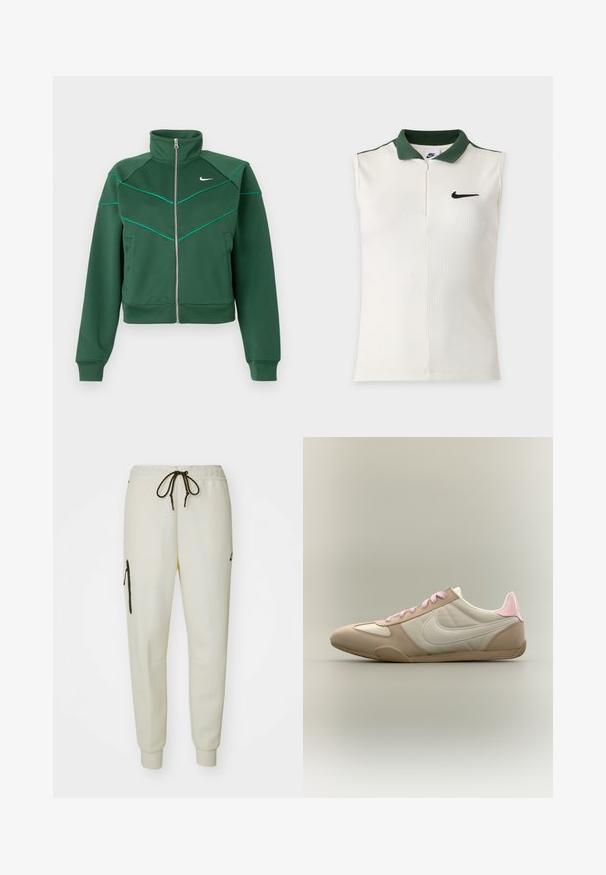 Mørkegrøn Nike zip-up jakke med høj krave, lange ærmer, sidelommer og lys teal pipingdetalje på brystet og skuldrene.; Ærmeløs hvid Nike-top med ribbet tekstur, mørkegrøn krave, halv lynlås og sort Nike-logo på brystet.; Cremefarvede joggerbukser med elastisk talje, justerbar snor, sidelommer og en lynlåslomme på venstre lår.; Lavprofileret beige og hvid sneaker med lyserøde snørebånd og hælaccent, som viser Nike-swoosh på siden mod en ensfarvet baggrund.