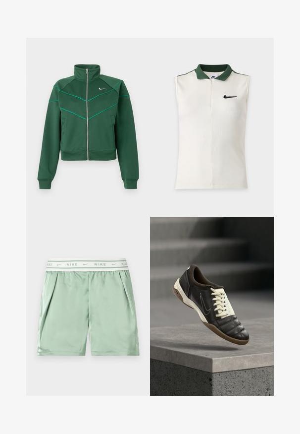 Veste zippée Nike vert foncé avec col montant, manches longues, poches latérales et détails de piping teal clair sur la poitrine et les épaules.; Haut sans manches blanc Nike avec texture côtelée, col vert foncé, demi-fermeture éclair et logo Nike noir sur la poitrine.; Short de sport Nike vert clair avec une ceinture élastique blanche affichant des logos Nike répétés et des poches latérales.; Baskets en cuir marron foncé avec des lacets crème, un col rembourré et un bout texturé. Dotées d'une semelle en caoutchouc et d'un logo swoosh latéral.