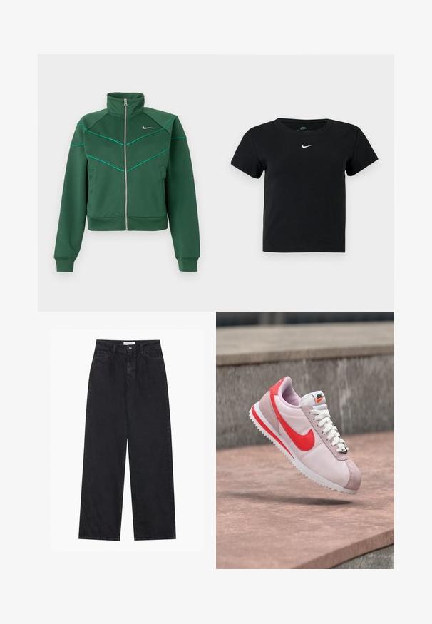 Dark green Nike zip-up jacket with high collar, long sleeves, side pockets, and light teal piping detail on chest and shoulders.; Black ribbed t-shirt with short sleeves, featuring a small white Nike logo on the chest and a round neckline.; Black high-waist wide-leg denim jeans with front button and zip closure, belt loops, and five-pocket styling.; Light pink and red Nike sneaker with white laces, suspended mid-air above a stone surface.