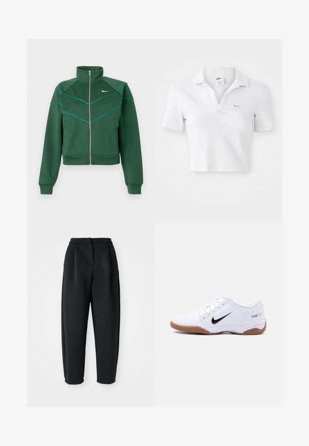 Chaqueta Nike de color verde oscuro con cremallera, cuello alto, mangas largas, bolsillos laterales y detalle de ribete en color azul claro en el pecho y los hombros.; Camiseta polo recortada en gris claro con una textura suave, que presenta un cuello clásico y un pequeño logo de Nike en gris oscuro en el pecho.; Pantalones negros hechos de una tela suave, con una cinturilla ajustada, frente con pliegues y pierna entallada con dobladillos.}}; Zapatilla de fútbol sala Nike Total 90 III en blanco con el logo Swoosh negro y suela de goma, mostrada de lado sobre un fondo liso.
